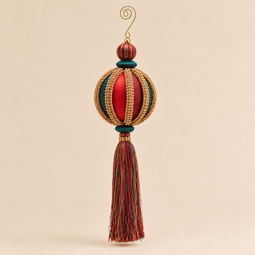 Decorazione Natalizia Sfera con Nappina Rossa, Verde e Oro 28cm