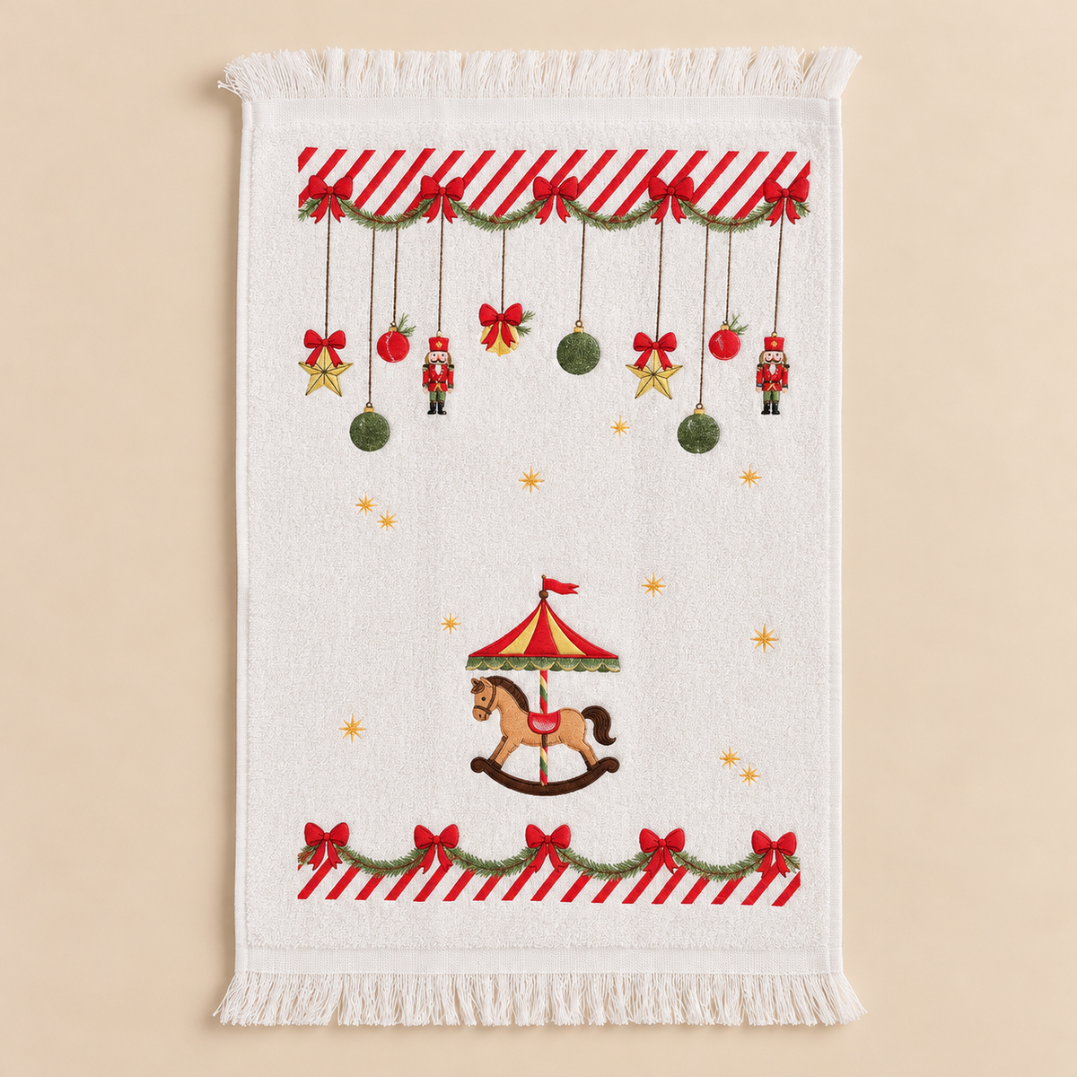 Asciugamano Ospite Natalizio Christmas Carousel Bianco in Cotone con Cavallo a Dondolo e Schiaccianoci 40 x 66 cm
