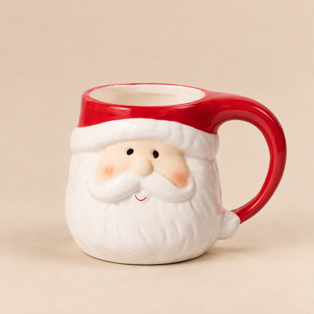 Tazza Natalizia in Ceramica a Forma di Babbo Natale con Manico Rosso