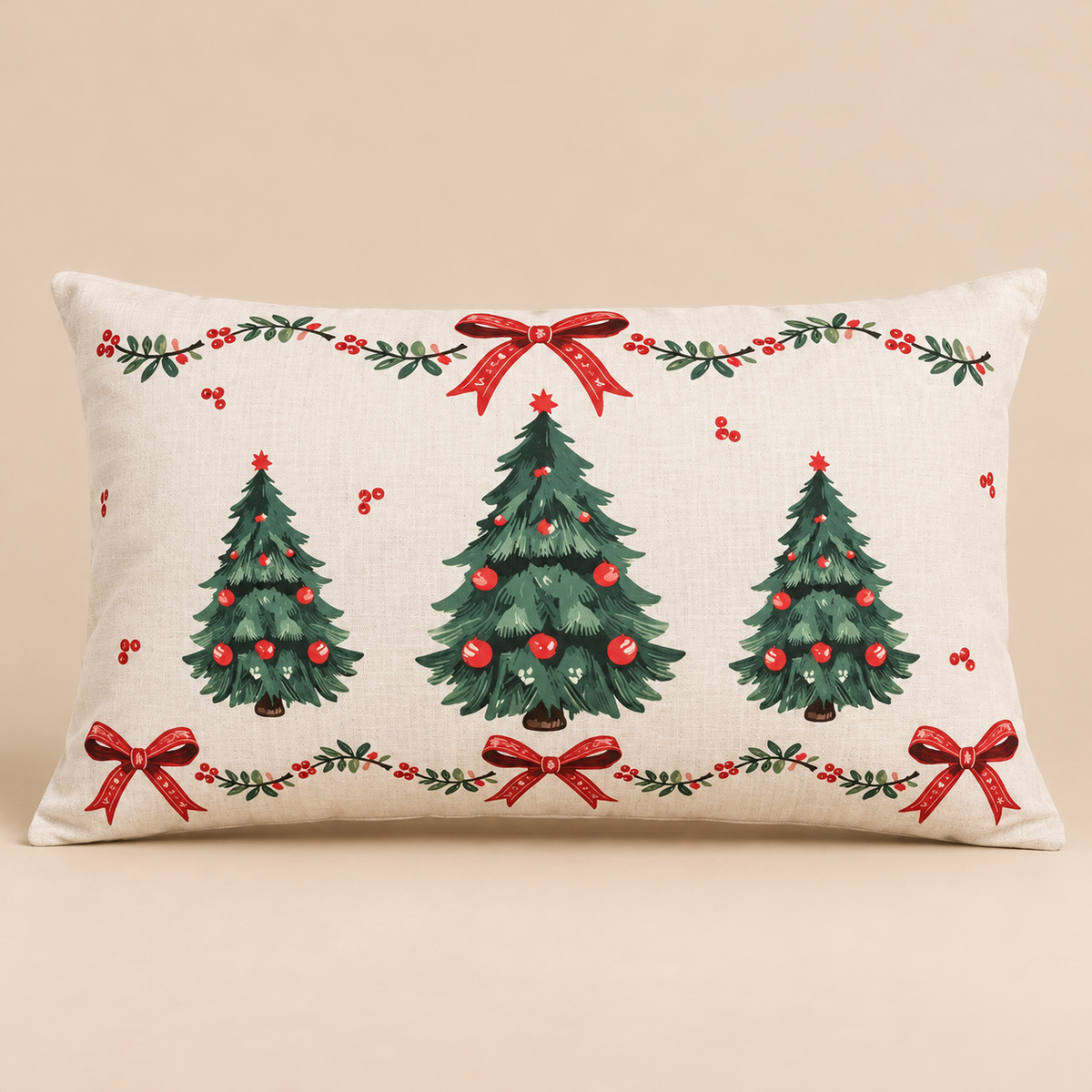 Cuscino Natalizio Rettangolare Beige con Alberi di Natale Verdi e Fiocchi Rossi 30 x 50 cm
