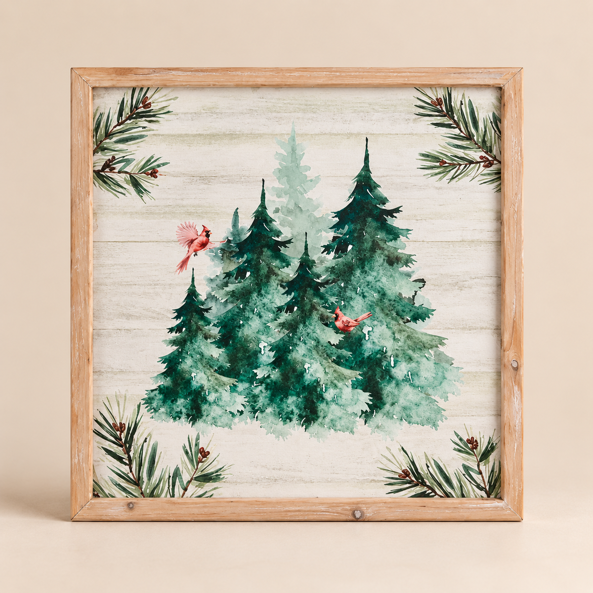 Quadro Natalizio in Legno con Alberi Innevati — 39 × 39 cm