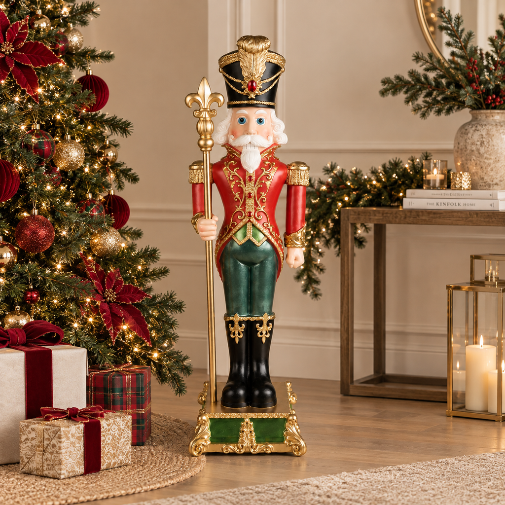 Schiaccianoci Natalizio Decorativo in Resina con Scettro Rosso Verde e Oro – H 90 cm