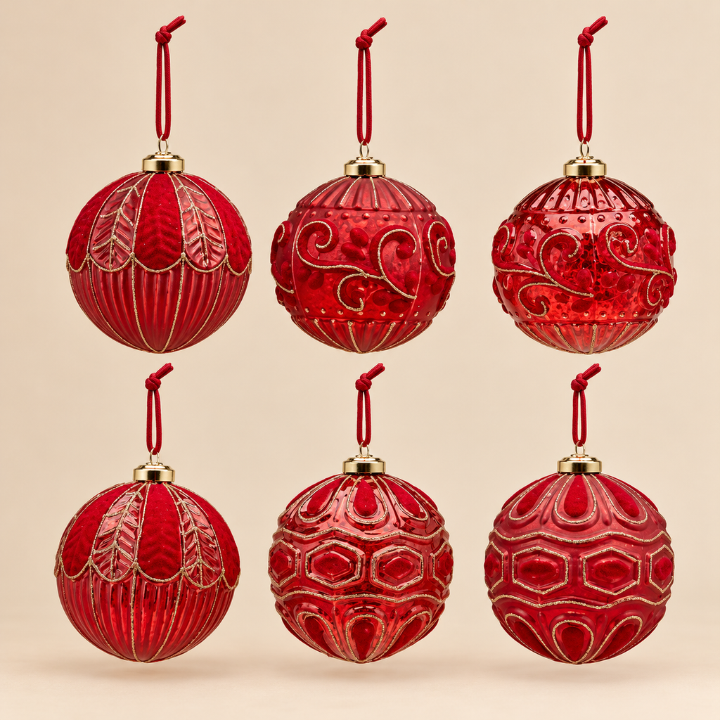 Sfera di Natale EDG in Vetro Rosso con Decori Barocchi Dorati in Rilievo – Ø 10 cm