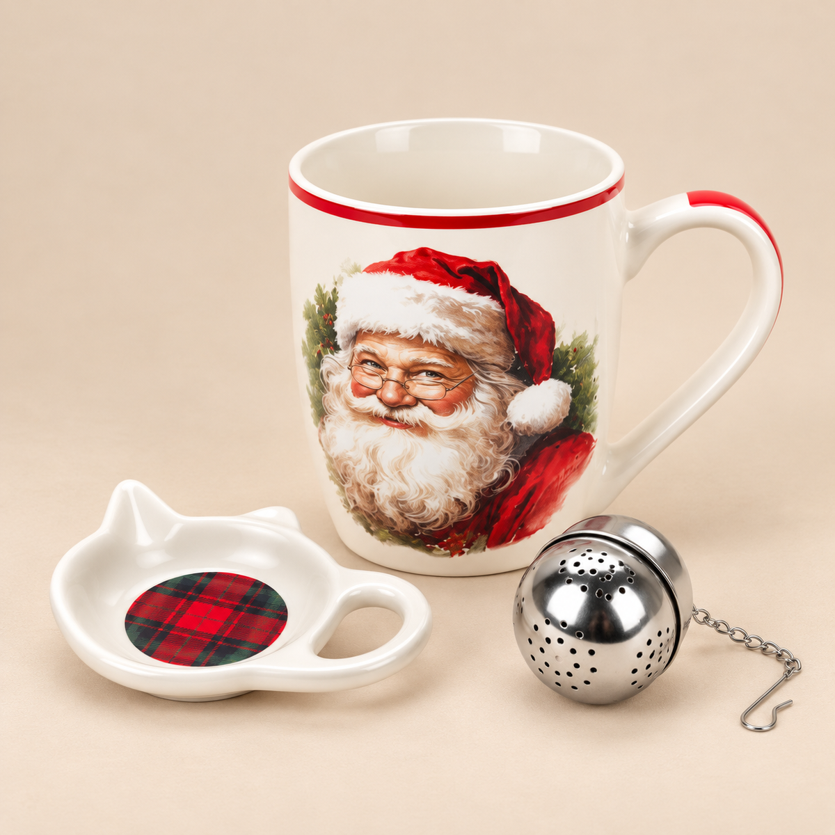 Tazza Natalizia in Ceramica con Infusore e Piattino – Decoro Babbo Natale Vintage – 350 ml