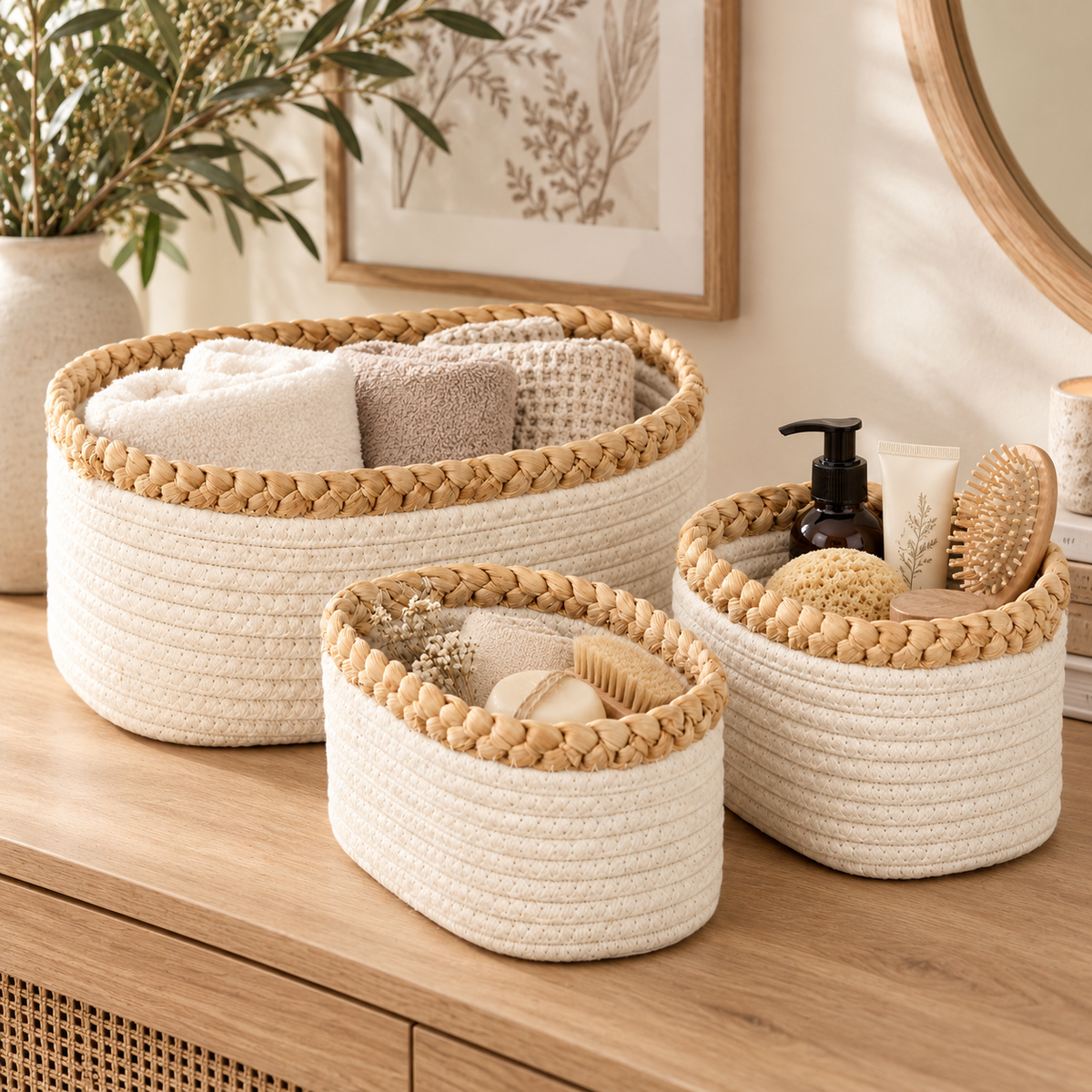 Set 3 Cesti Portaoggetti Ovali in Corda Intrecciata Color Avorio con Bordo Naturale – Stile Boho Chic – 32x26x15 cm