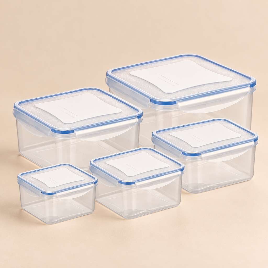 Set 5 Contenitori Ermetici Quadrati per Alimenti con Guarnizione in Silicone – Da 0,4 a 3 Litri – Adatti a Frigorifero, Freezer e Microonde