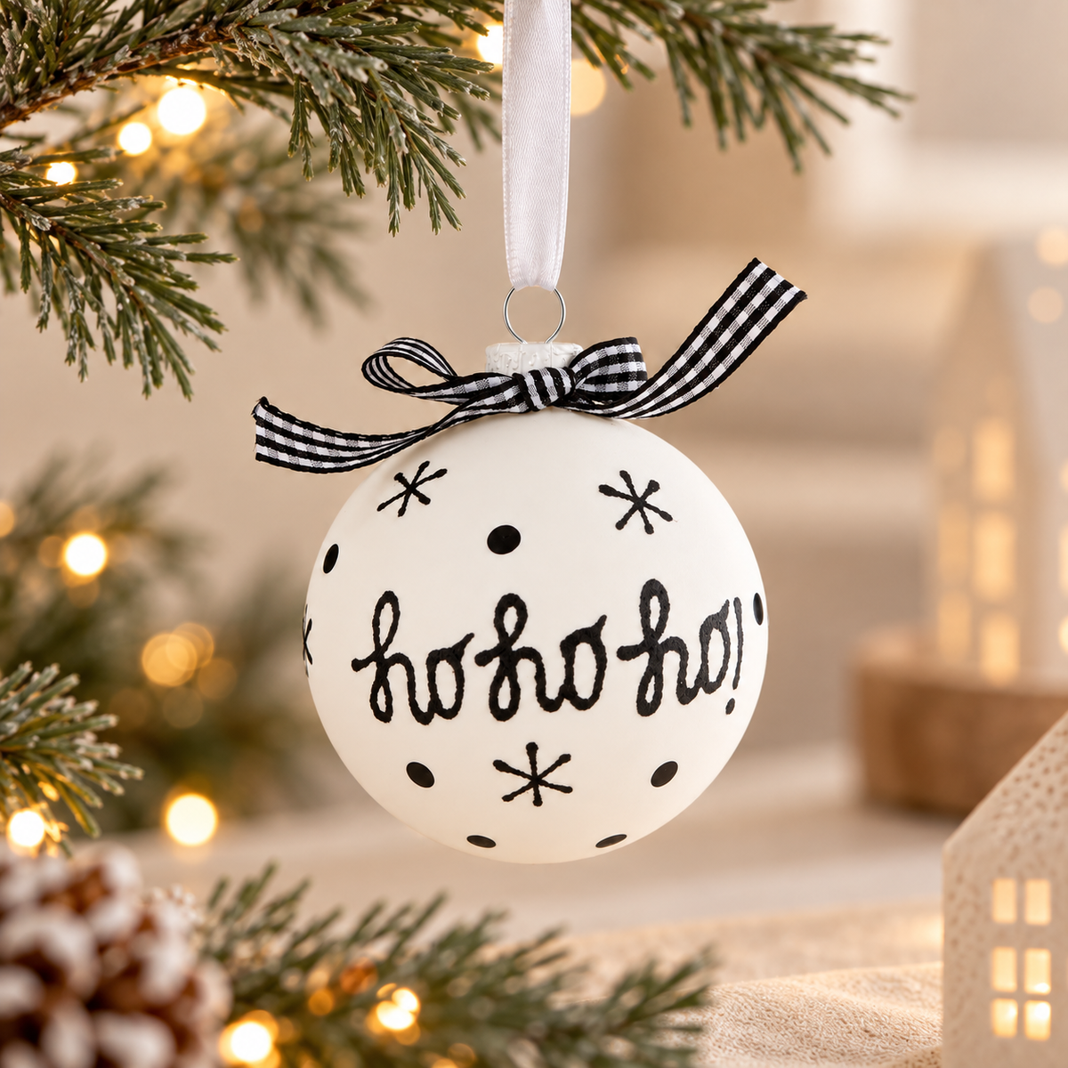 Sfera Natalizia in Vetro Bianco Opaco con Scritta Ho Ho Ho e Fiocco a Quadretti Nero Ø8 cm