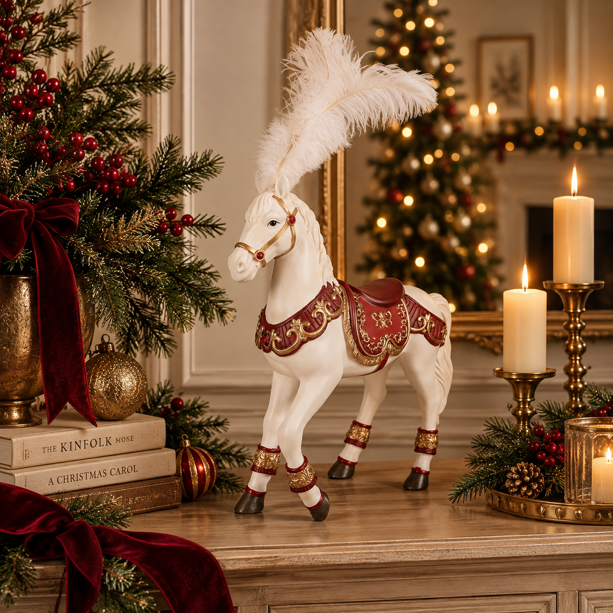 Cavallo Natalizio Decorativo Bianco con Piume e Sella Rossa Oro 35 x 12 x H56 cm