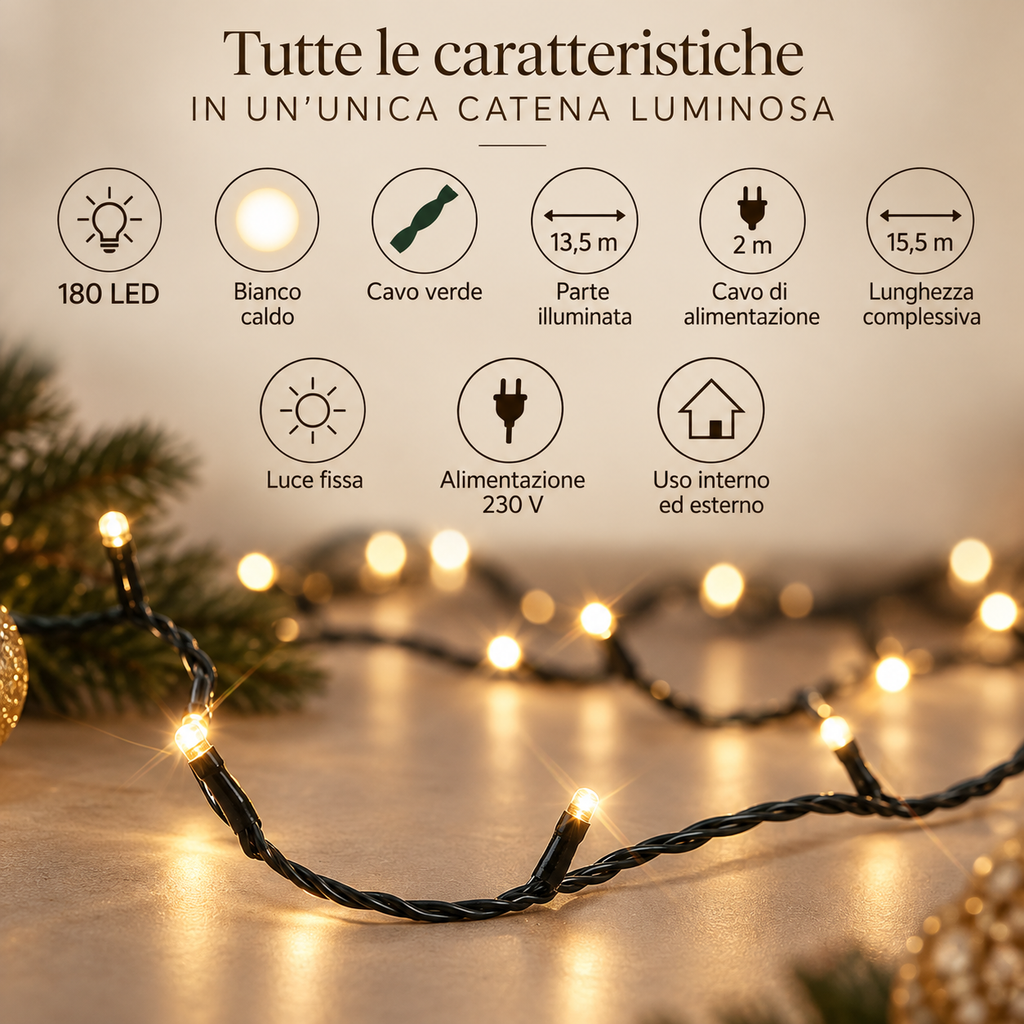 Catena Luminosa 180 LED Bianco Caldo 13,5 m a Luce Fissa – 230 V