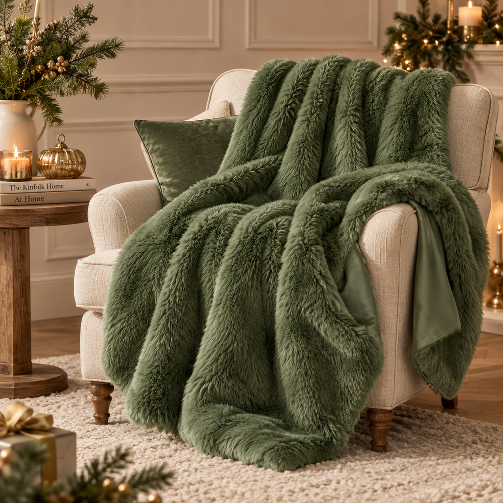 Plaid in Ecopelliccia Verde Salvia Morbido ed Elegante 130 x 170 cm – Blanc Mariclò