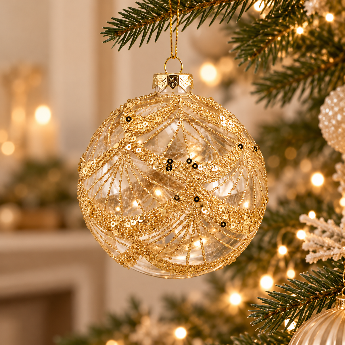 Sfera di Natale in Vetro Trasparente con Festoni Dorati, Glitter e Paillettes – Ø 10 cm
