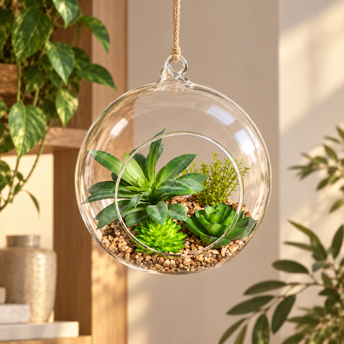 Terrario Sospeso EDG in Vetro Trasparente con Piante Grasse Artificiali, Ghiaia Decorativa e Corda