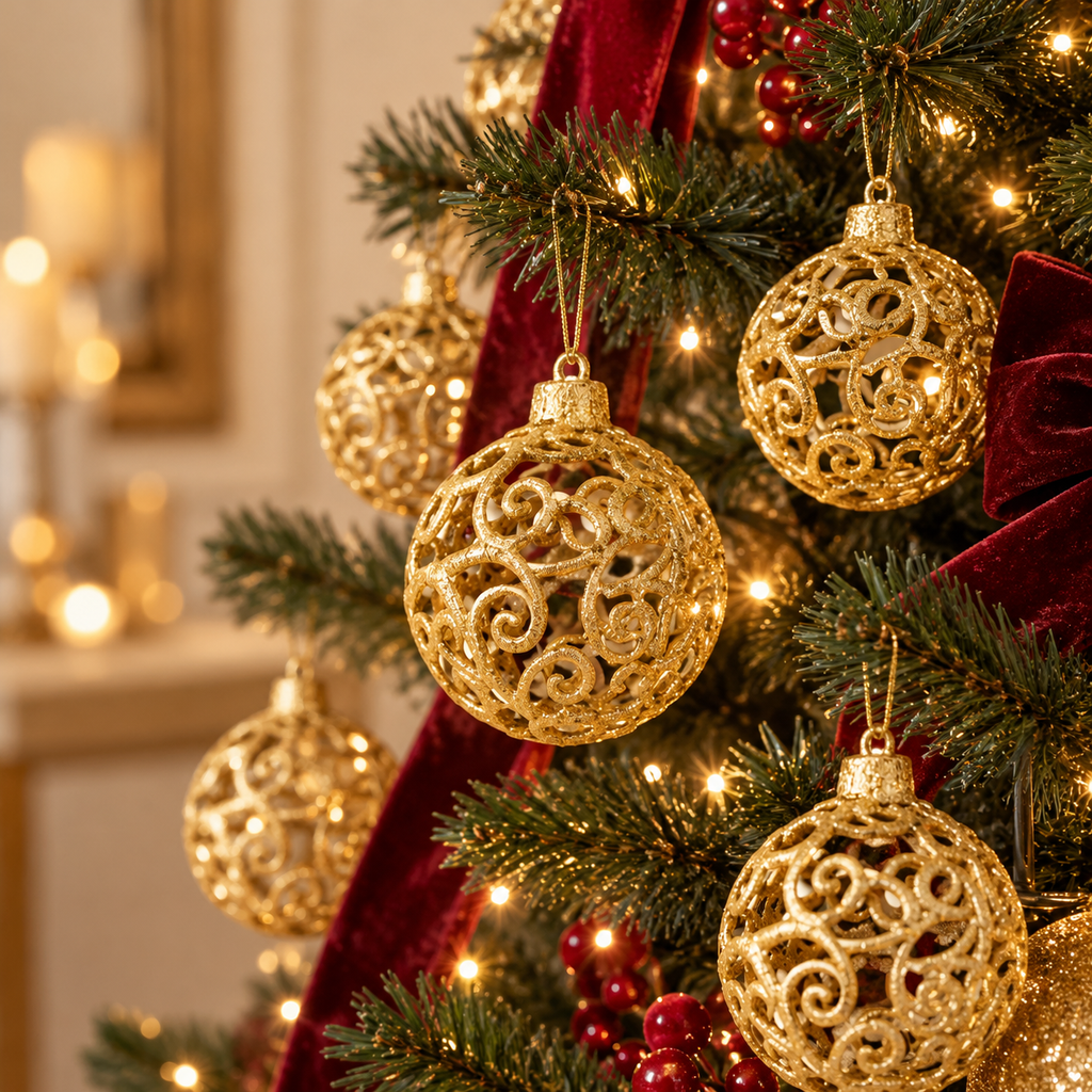 Set 16 Palline di Natale Barocche in PVC Oro Glitterato con Decorazioni Traforate – Ø 6 cm