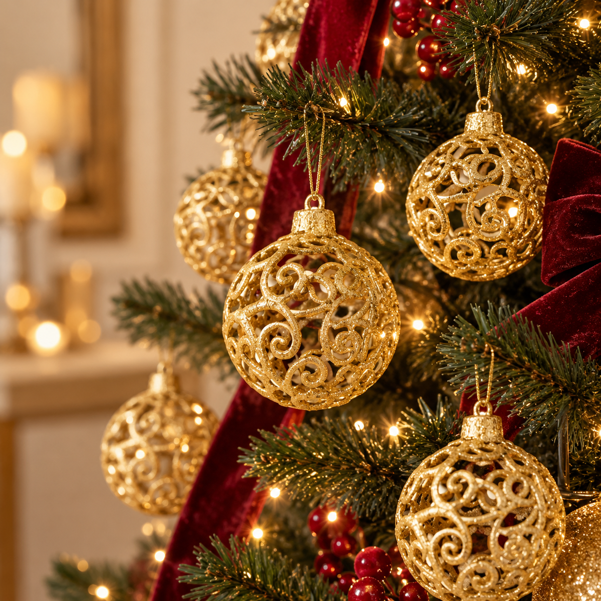 Set 16 Palline di Natale Barocche in PVC Oro Glitterato con Decorazioni Traforate – Ø 6 cm