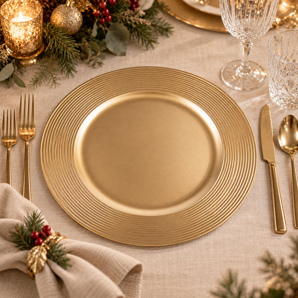 Sottopiatto Decorativo Rotondo Oro con Bordo Rigato Ø33 cm