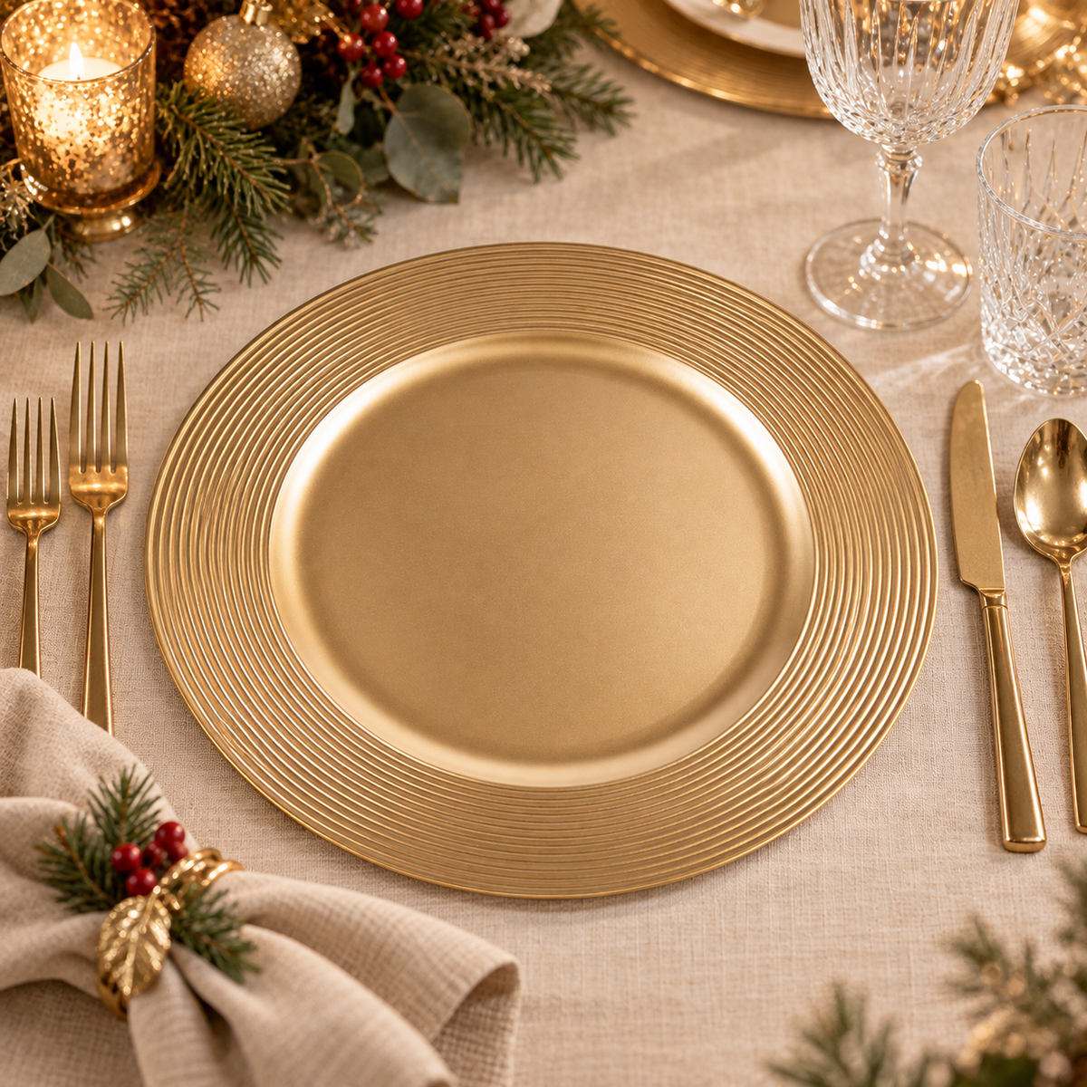 Sottopiatto Decorativo Rotondo Oro con Bordo Rigato Ø33 cm