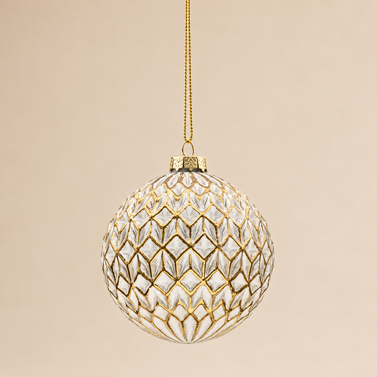 Set 4 sfere di Natale in Vetro Bianco e Oro con Decoro Geometrico a Rombi – Ø 8 cm