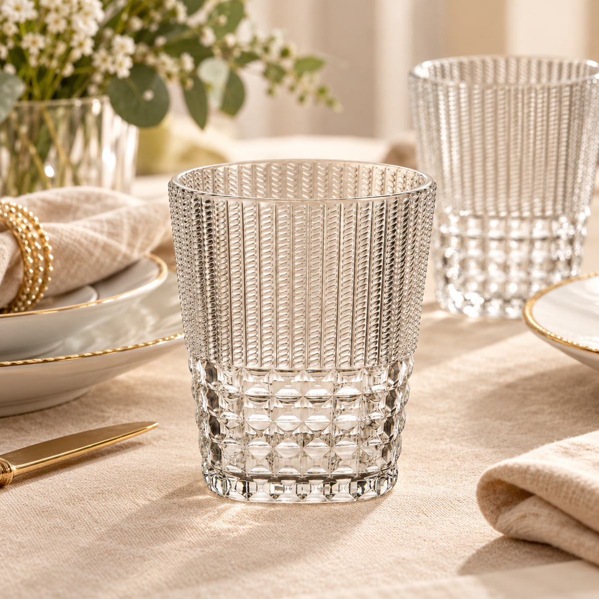 Set 6 Bicchieri Acqua Chic & Zen in Acrilico Trasparente Lavorato – Ø 8,5 x H 10 cm