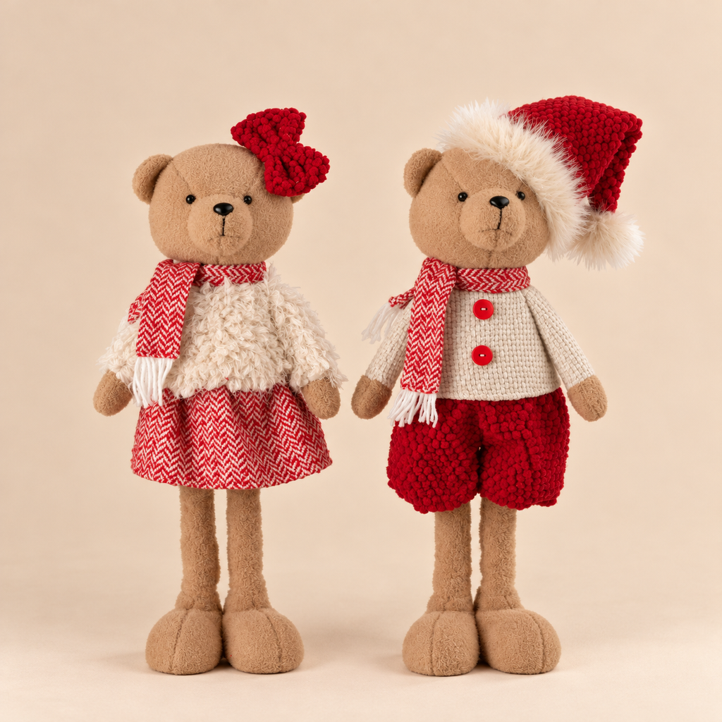 Orsetto Natalizio Decorativo con Gambe Allungabili in Tessuto Rosso e Beige