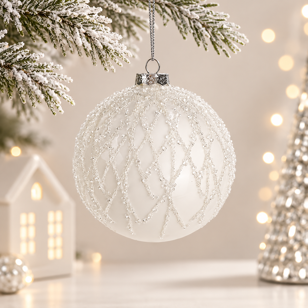 Sfera di Natale in Vetro Bianco Opaco con Decori a Rombi Effetto Ghiaccio e Glitter Argento – Ø 10 cm
