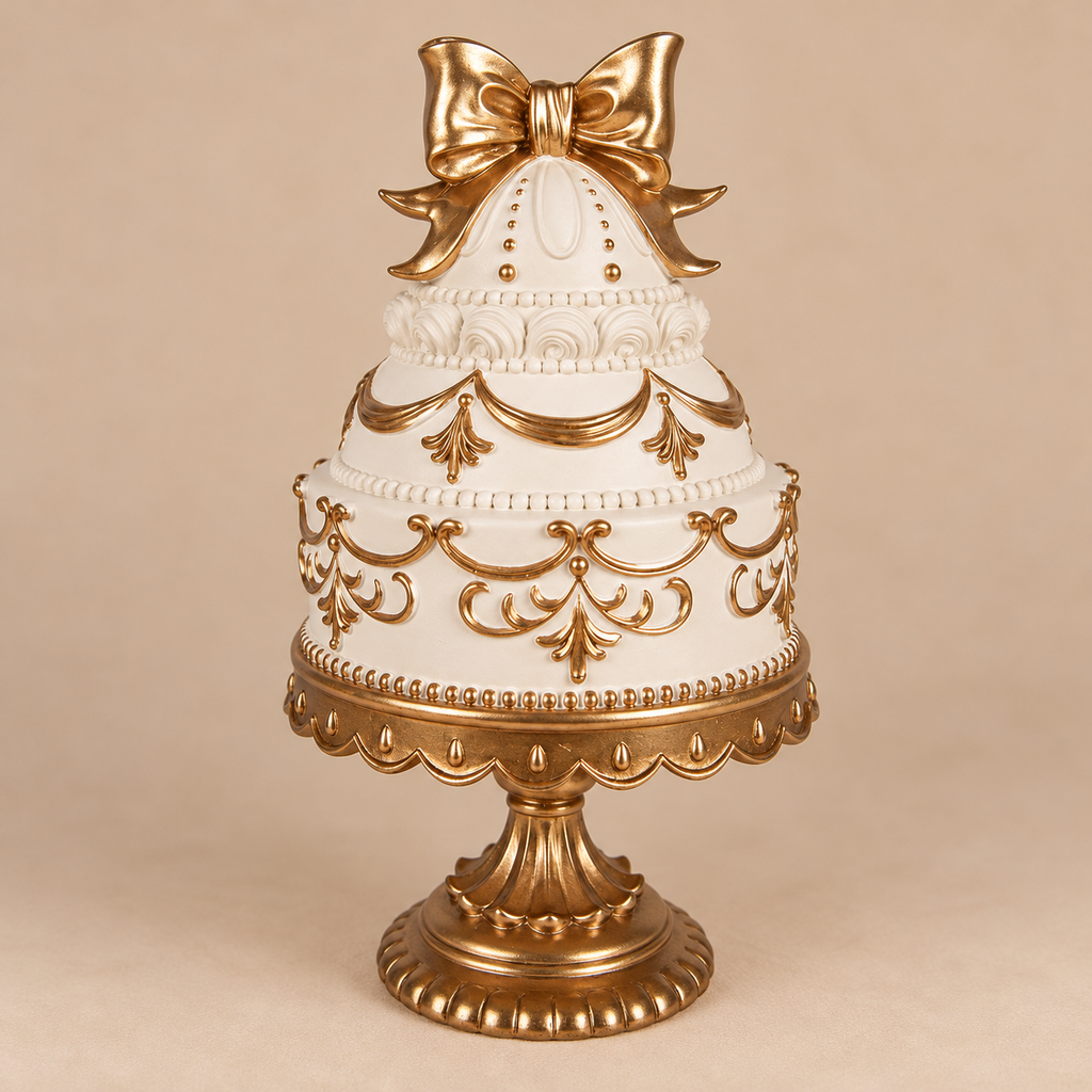 Torta Decorativa Bianca e Oro con Fiocco su Alzata Ø19 x H33 cm