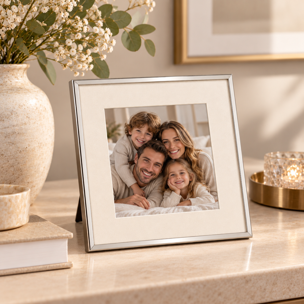 Portafoto Passe-Partout Bordo Fine in Metallo Argento con Cornice Quadrata – Foto 13 x 13 cm