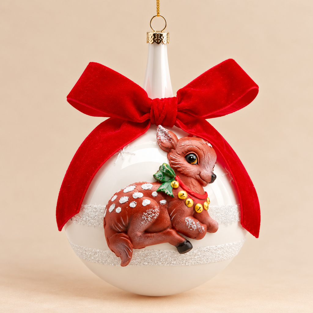 Sfera di Natale in Vetro Bianco con Cerbiatto in Rilievo e Fiocco Rosso in Velluto – 10 cm