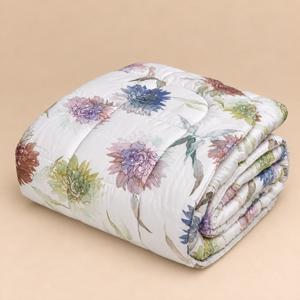 Trapunta Matrimoniale Invernale Bloom Marilyn in Raso di Puro Cotone 300 T.C. con Fantasia Floreale Multicolor su Fondo Bianco 270 x 270 cm – Tessitura Randi