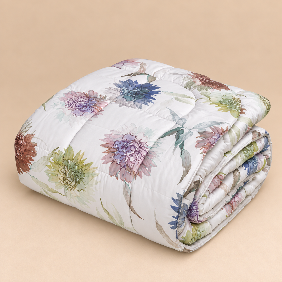 Trapunta Matrimoniale Invernale Bloom Marilyn in Raso di Puro Cotone 300 T.C. con Fantasia Floreale Multicolor su Fondo Bianco 270 x 270 cm – Tessitura Randi