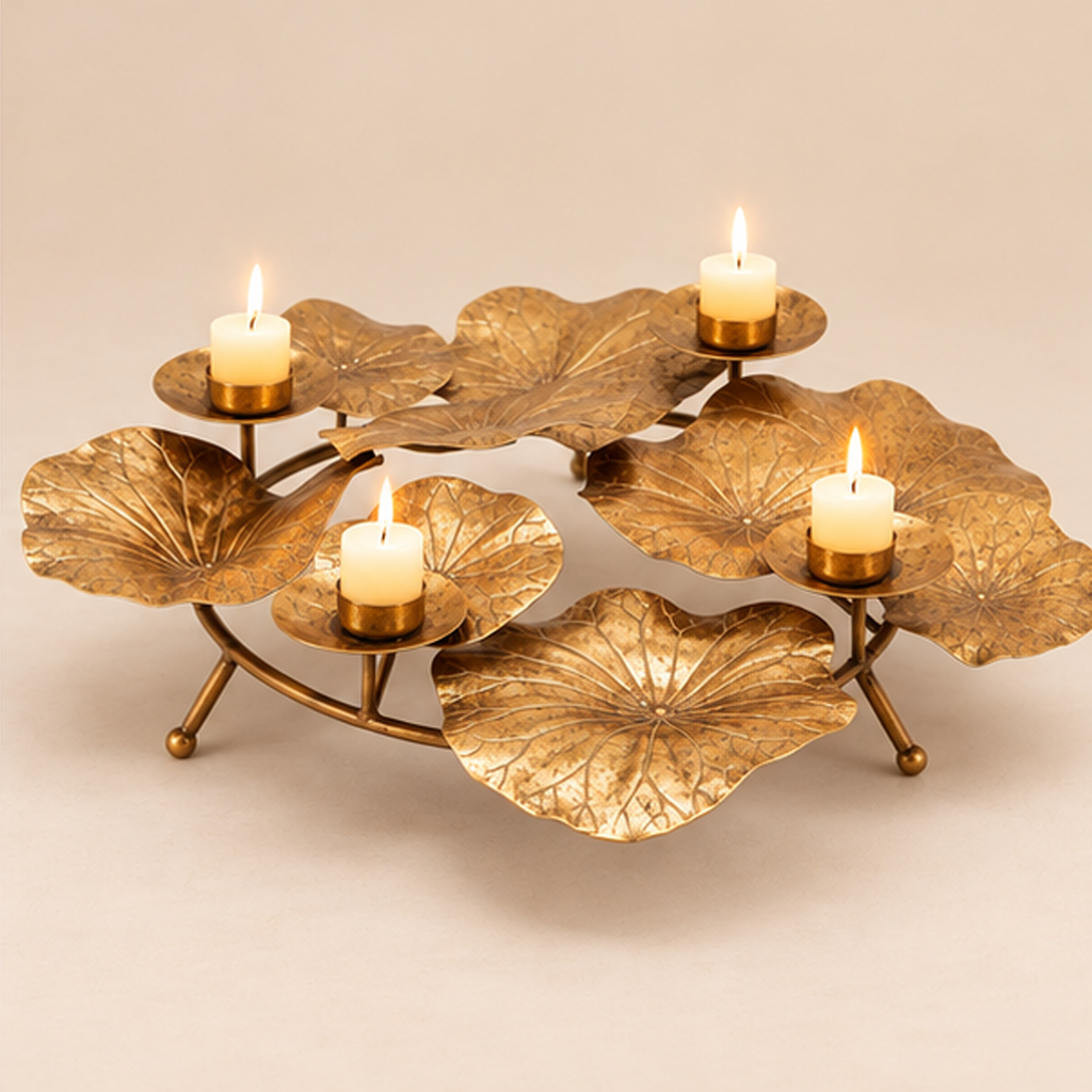Portacandela Foglie di Loto Oro 52 x 45 x H17 cm - EDG