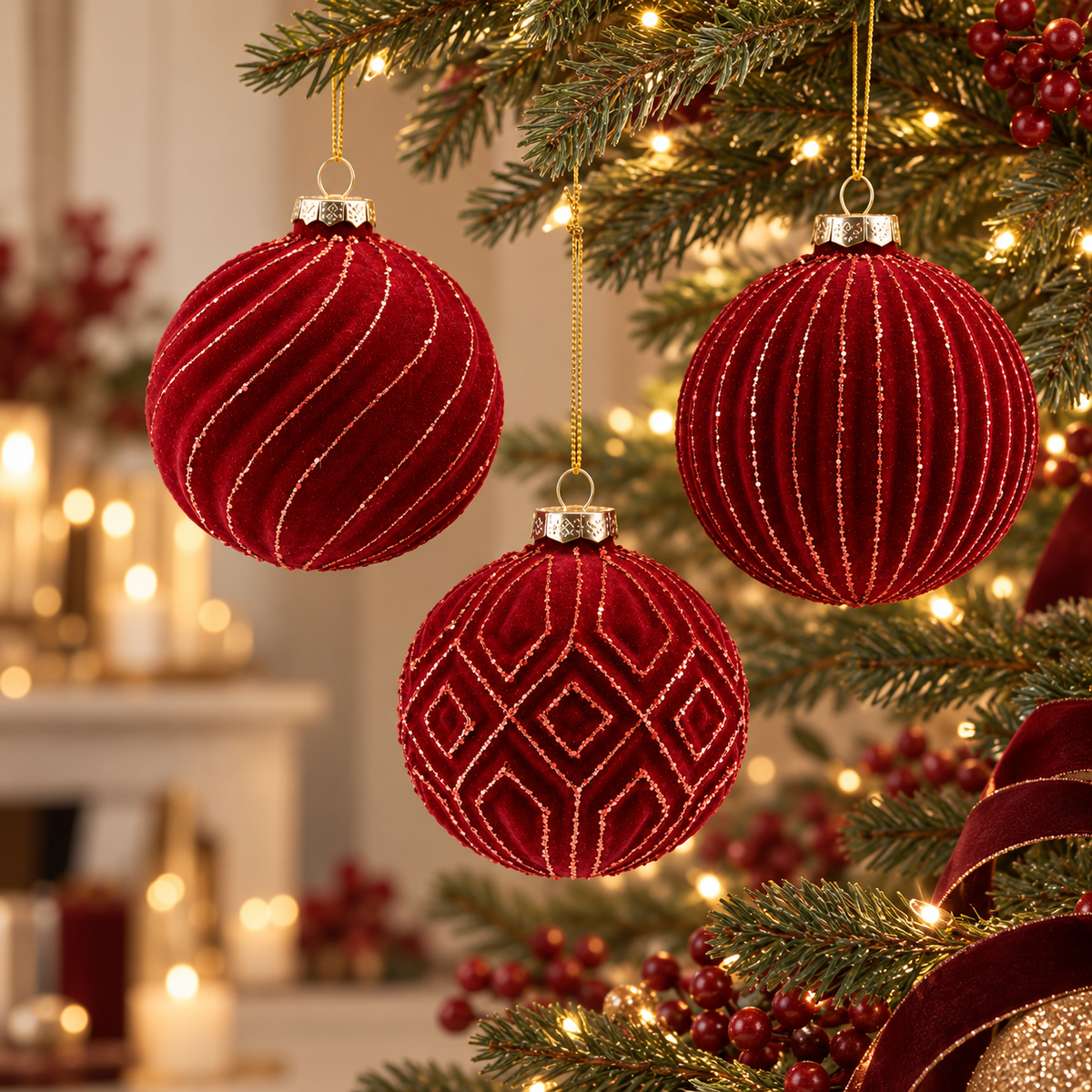 Sfera di Natale in Vetro Burgundy con Effetto Velluto e Glitter – Ø 10 cm