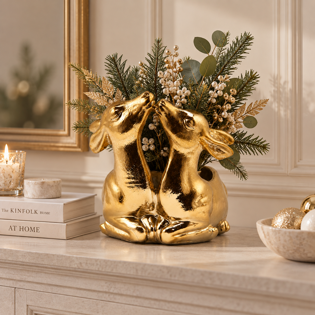 Vaso Decorativo Oro con Due Cerbiatti e Finitura Metallizzata H27 x 26 x 24 cm