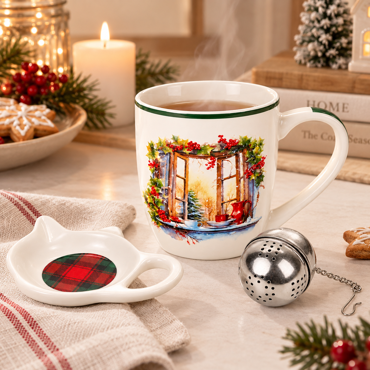 Tazza Natalizia in Ceramica con Infusore e Piattino – Decoro Finestra Invernale con Agrifoglio – 350 ml