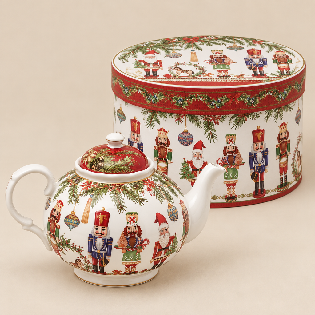 Teiera Natalizia EDG in Porcellana con Schiaccianoci, Babbo Natale e Decorazioni Natalizie 1080 ml Ø 15 x H 14 cm con Confezione Regalo