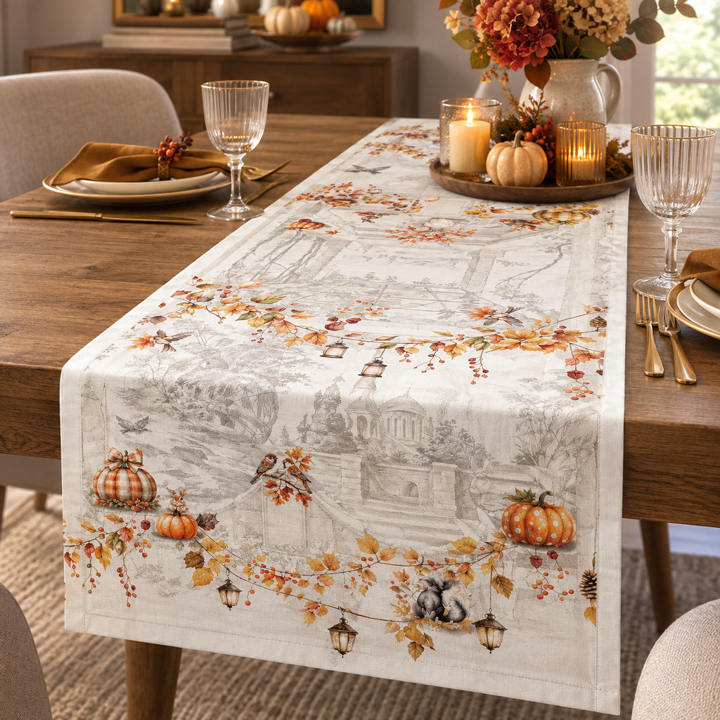 Runner da Tavola PERSEFONE in Panama di Puro Cotone 100% con Zucche e Fantasia Autunnale – 50 x 150 cm