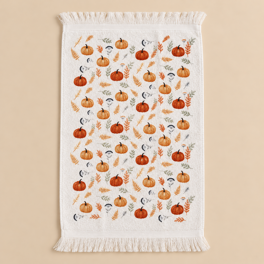 Asciugamano Ospite Autunnale Bianco in Cotone con Zucche e Foglie 40 x 66 cm