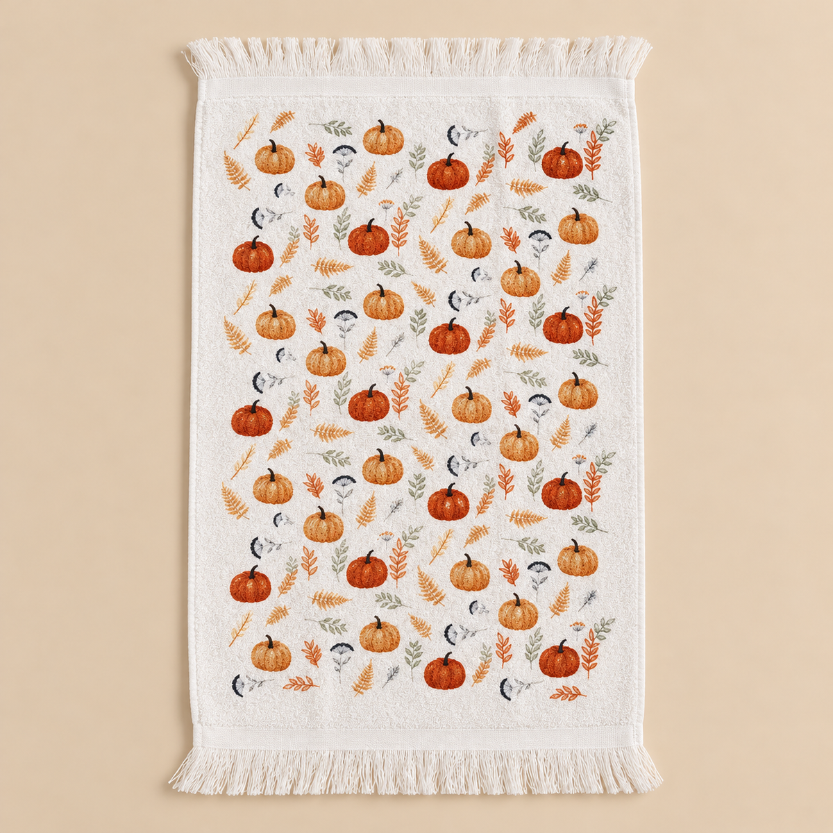 Asciugamano Ospite Autunnale Bianco in Cotone con Zucche e Foglie 40 x 66 cm