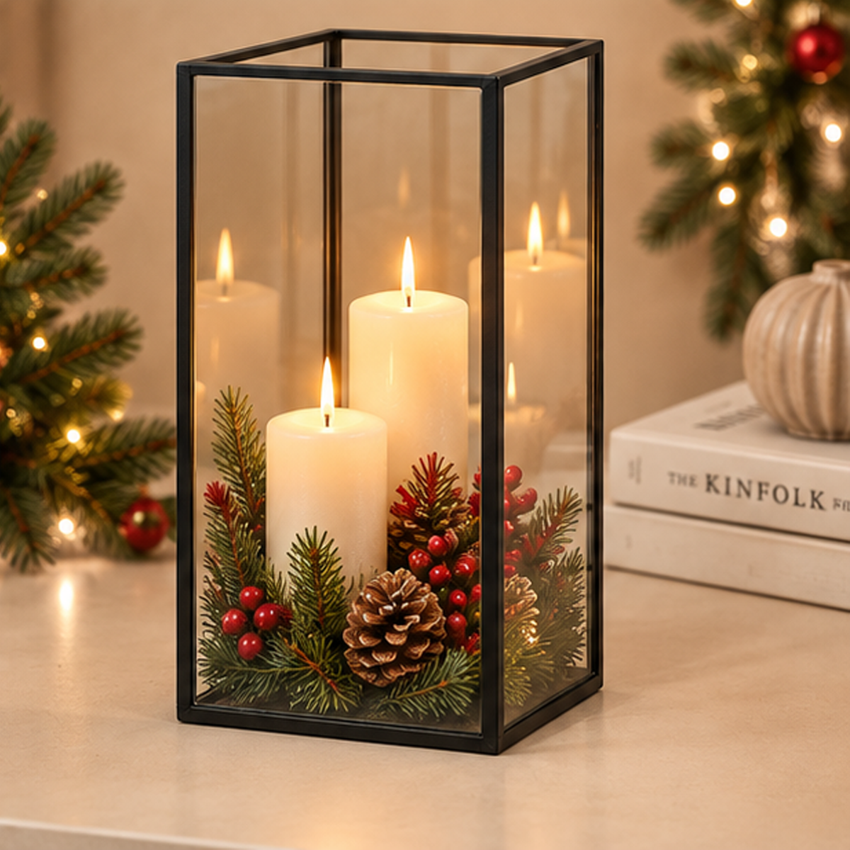 Lanterna Design Nera Effetto Vintage in Metallo e Vetro H 30 cm