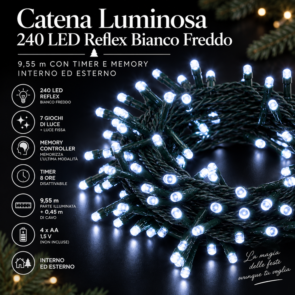 Catena Luminosa 240 LED Reflex a batteria Bianco Freddo 9,55 m con Timer e Memory – Interno ed Esterno