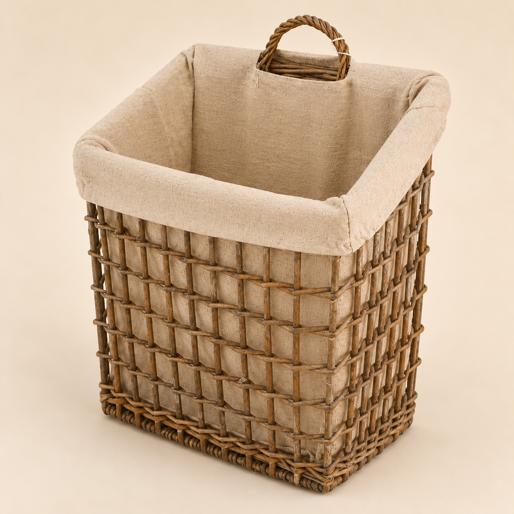 Cesto Rettangolare in Vimini Intrecciato con Rivestimento in Tessuto Beige e Manici – 39x24xH46 cm