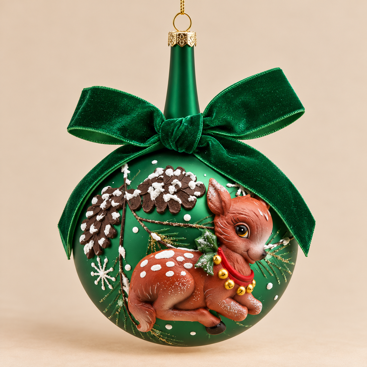 Sfera di Natale EDG in Vetro Verde Smeraldo con Cerbiatto in Rilievo e Fiocco in Velluto – 10 cm