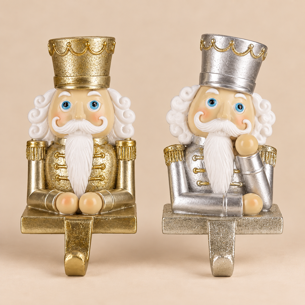 Set 2 Ganci per Calze Natalizie Schiaccianoci Oro e Argento con Dettagli Glitter H12 cm