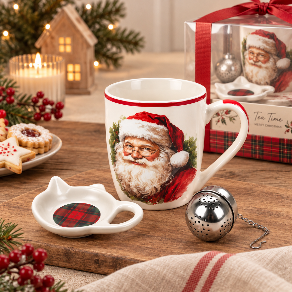 Tazza Natalizia in Ceramica con Infusore e Piattino – Decoro Babbo Natale Vintage – 350 ml