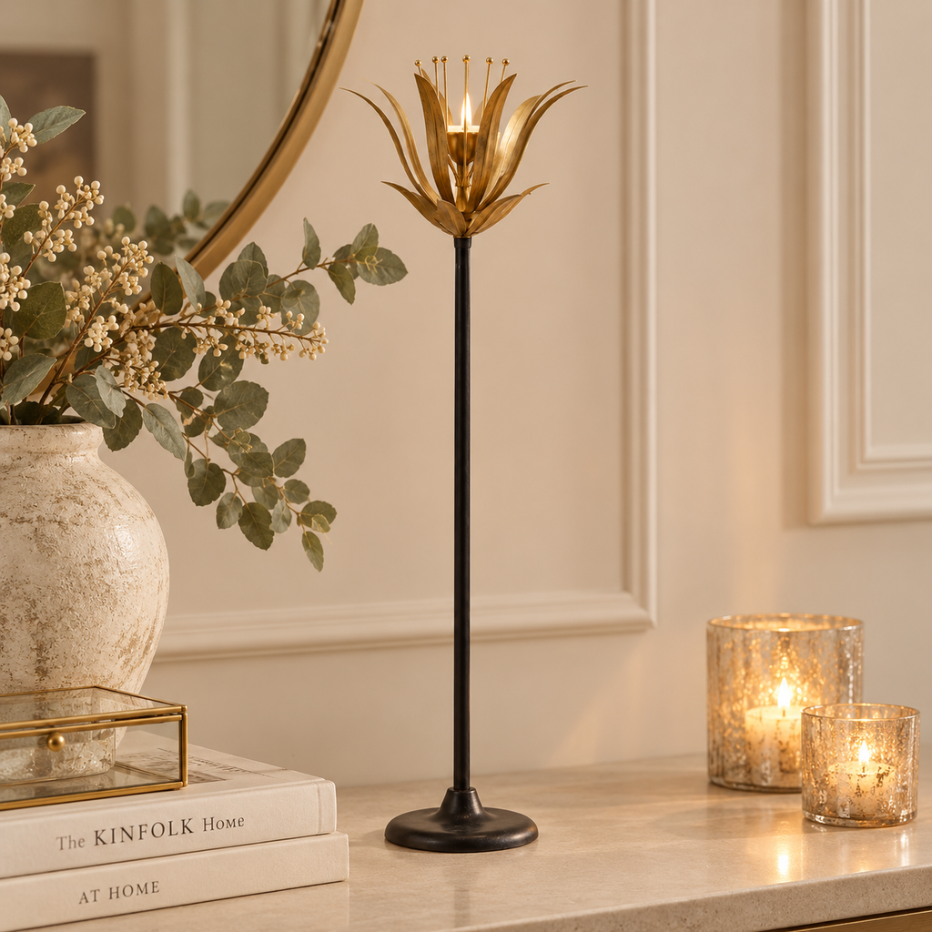 Portacandela Ramo Fiore con Pistilli Oro e Nero h.68 cm