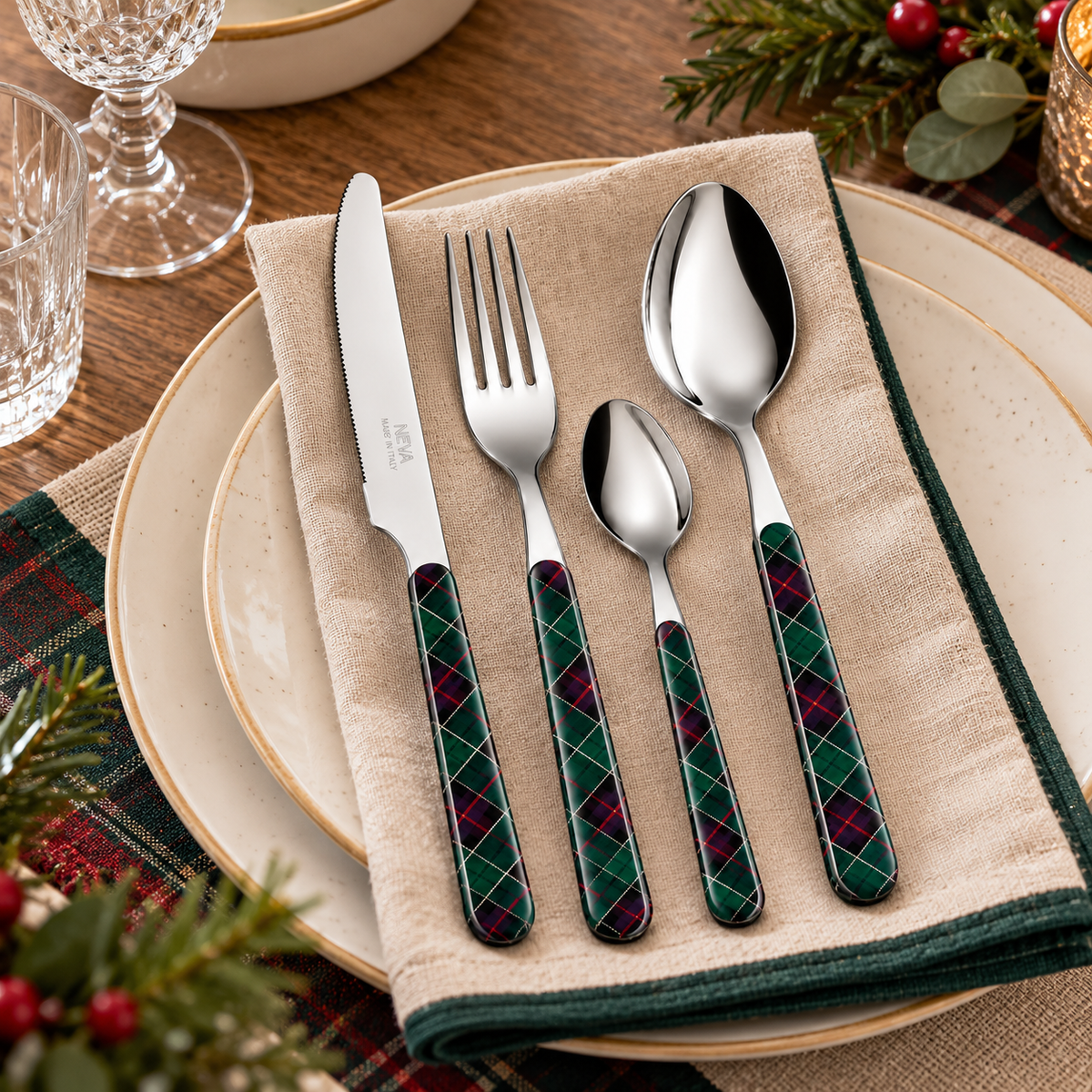 Servizio Posate 24 Pezzi Bistrot Tartan Verde Scozzese – Acciaio Inox con Manici Decorati