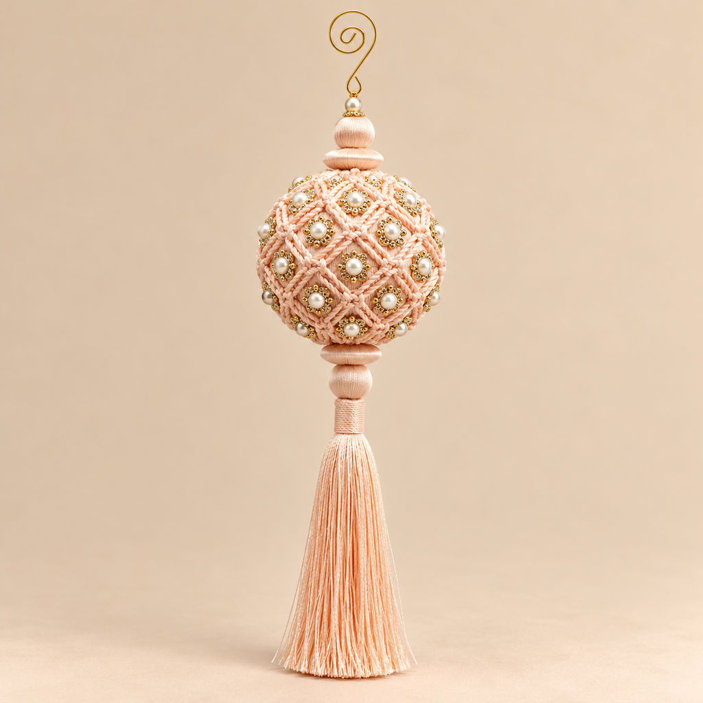 Sfera Natalizia EDG Rosa Cipria con Ricamo Intrecciato, Rosette Dorate e Nappa Ø8xH28 cm