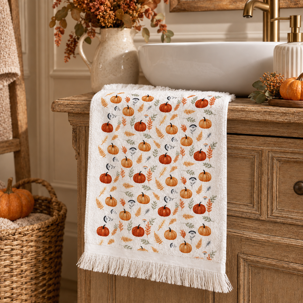 Asciugamano Ospite Autunnale Bianco in Cotone con Zucche e Foglie 40 x 66 cm