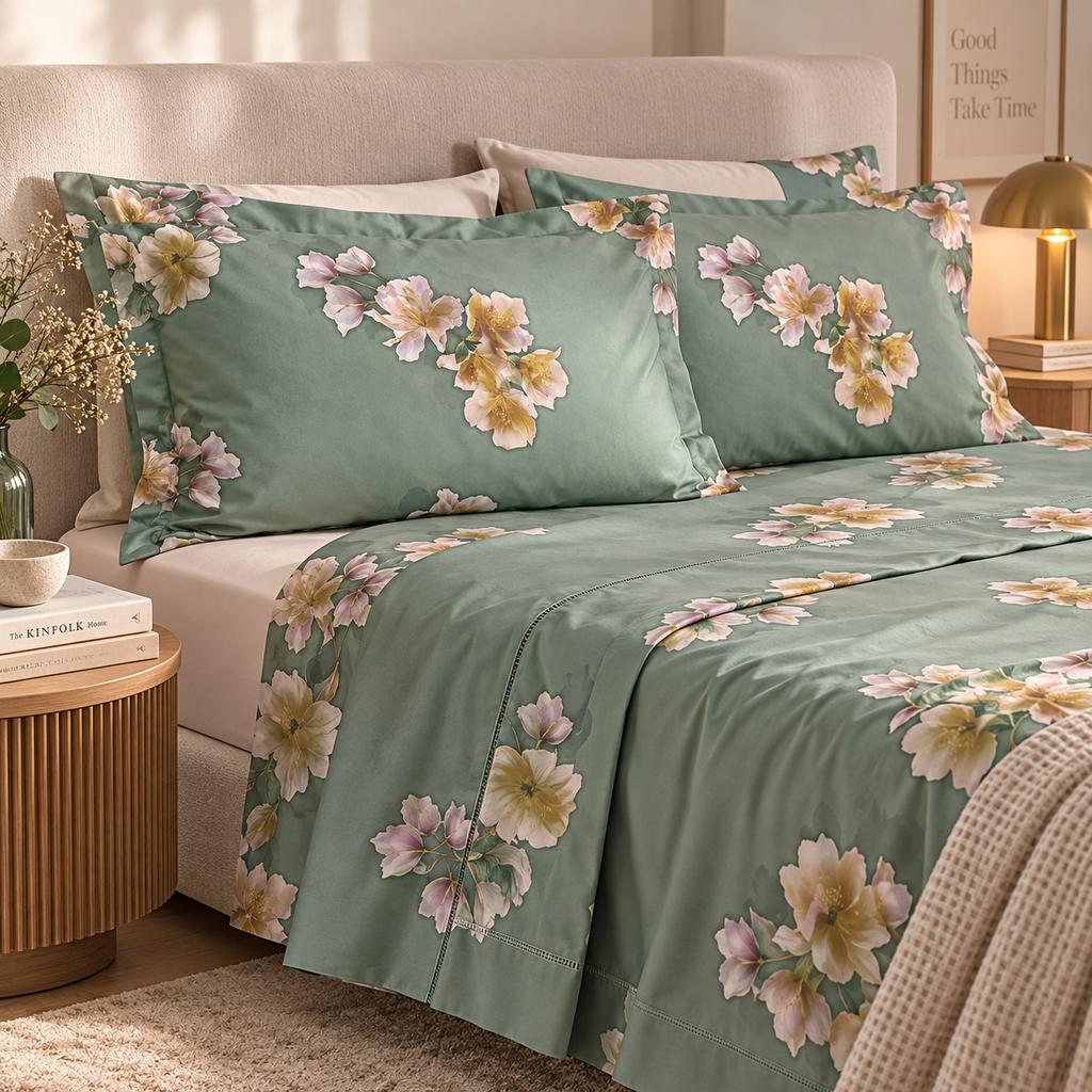 Completo Lenzuola Matrimoniale CAREZZA Tessitura Randi Collezione Bloom in Raso di Puro Cotone 300 T.C. Verde Salvia