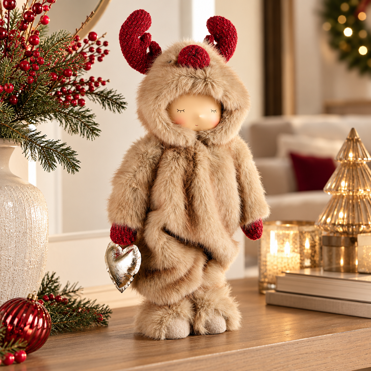 Bambina Natalizia Grande con Costume da Renna in Ecopelliccia Beige e Cuore Oro – Collezione Festa nel Bosco 21x15x44 cm