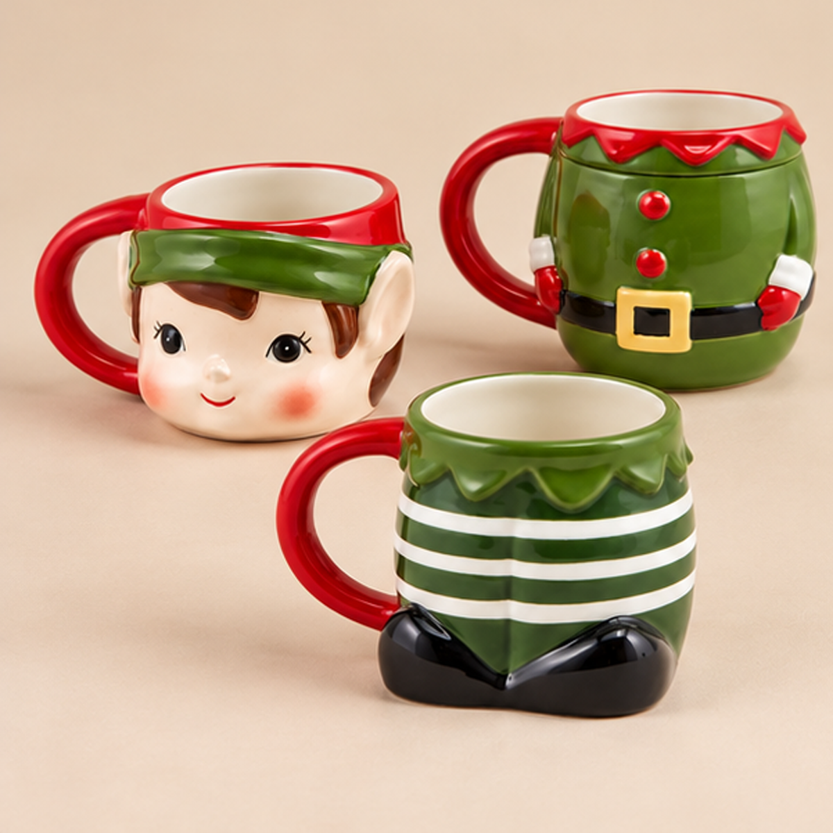 Set 3 Tazze Natalizie Impilabili a Forma di Elfo in Ceramica Verde e Rossa – H 26 cm – Confezione Regalo